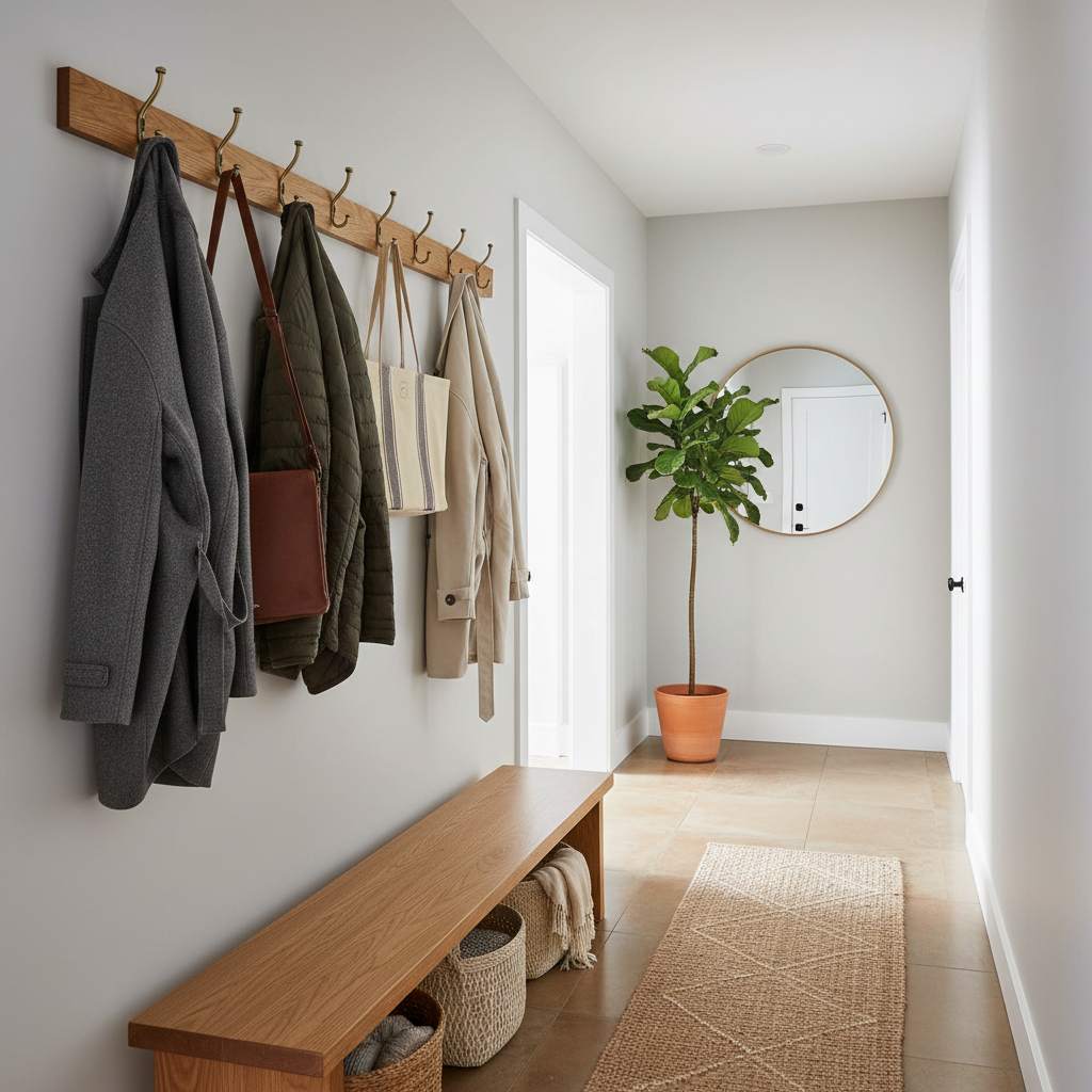 Wooden coat rack setup in a narrow entryway hallway
