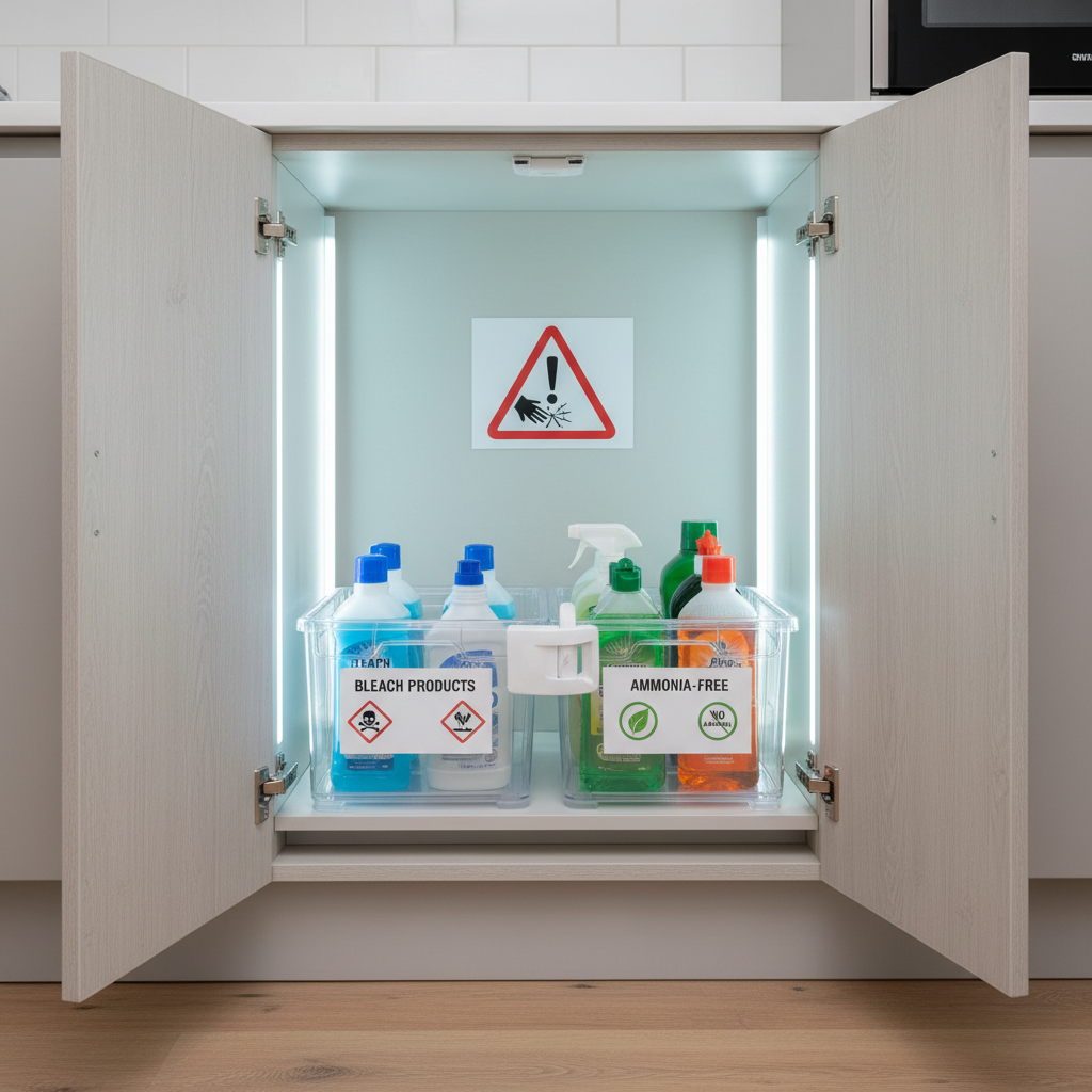 Safe cleaning product storage with child lock and separated bins for bleach and ammonia-free products