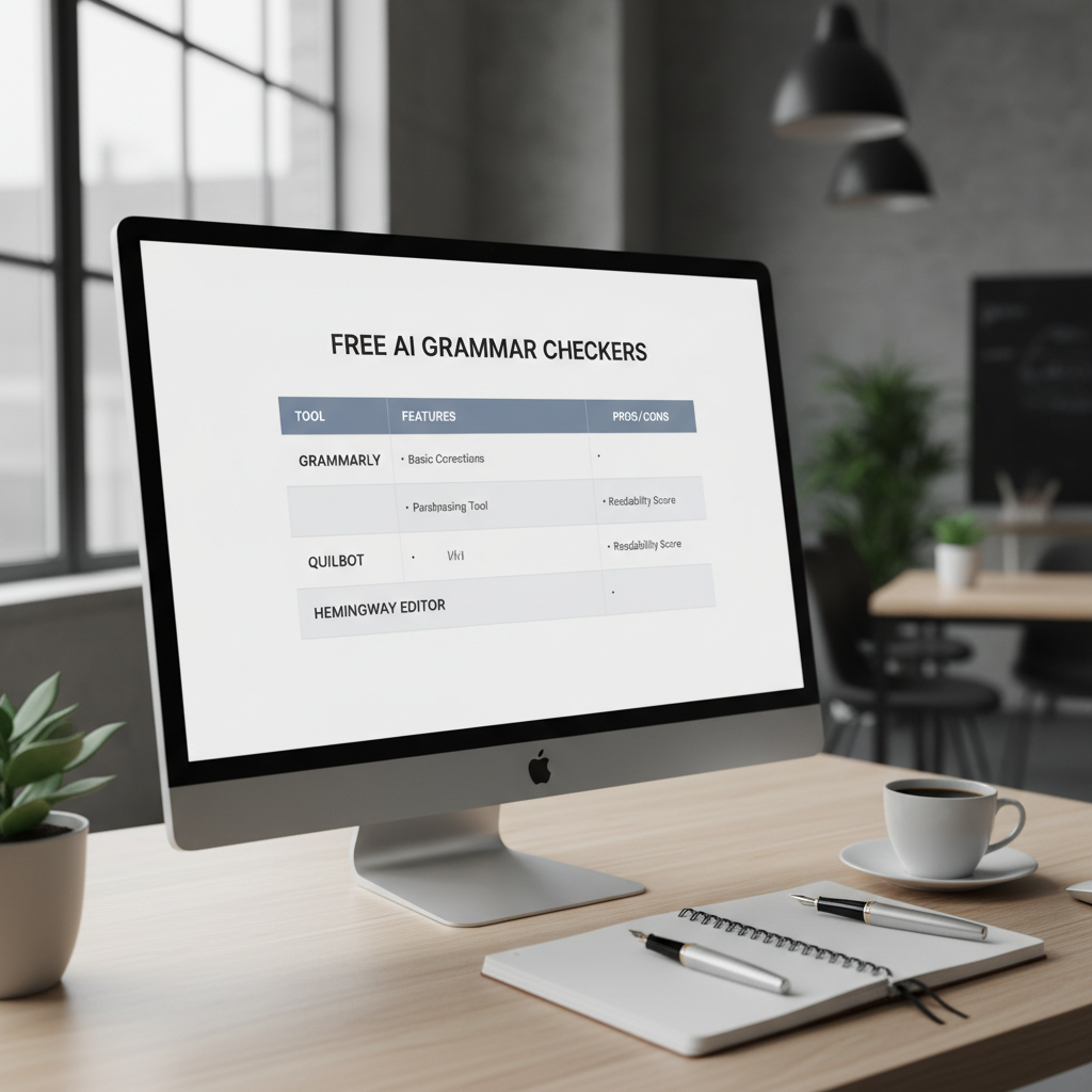 Comparison table of free AI grammar checkers for writing on a desktop screen