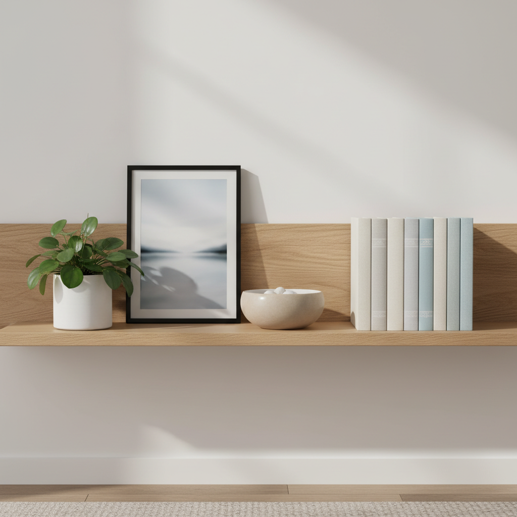 Minimal bookshelf decor with plant framed photo and ceramic bowl