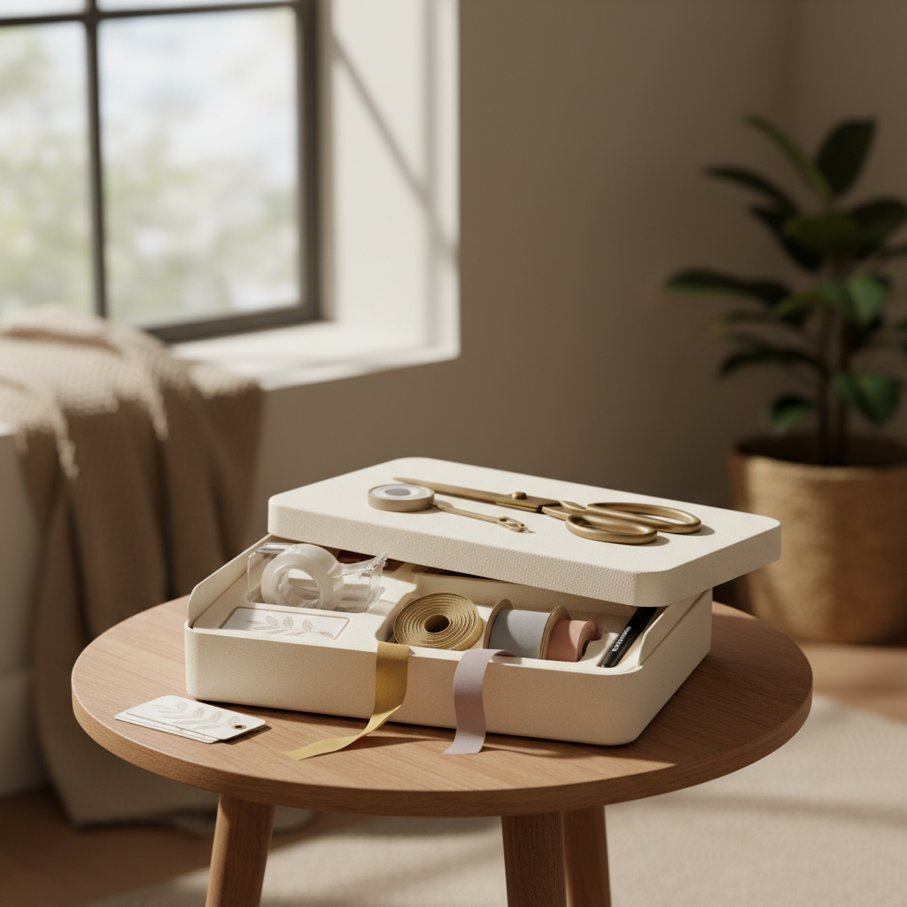 Portable wrapping station kit with tape scissors ribbon and tags in a small box