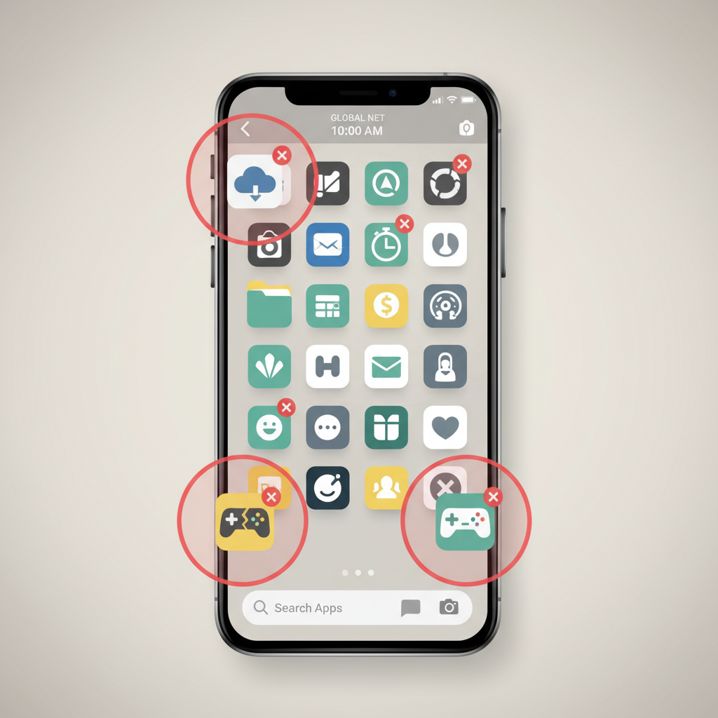 Smartphone home screen with many unused apps ready for cleanup