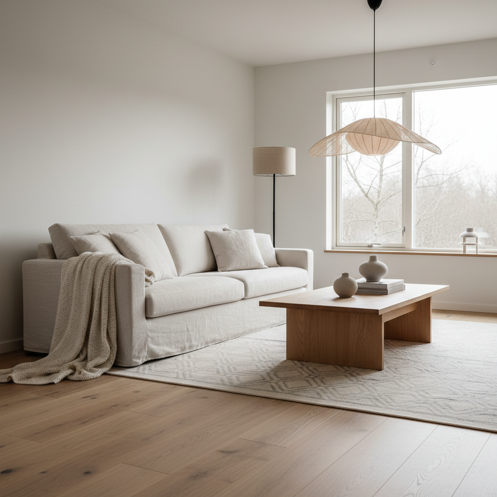 Warm Scandinavian living room with light wood, linen sofa, and layered lighting