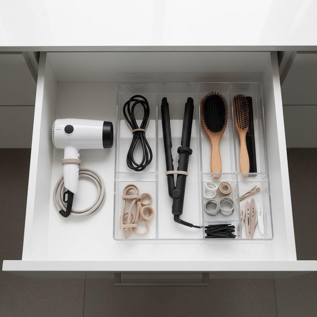 Organized bathroom drawer with hair dryer, flat iron, and cord management
