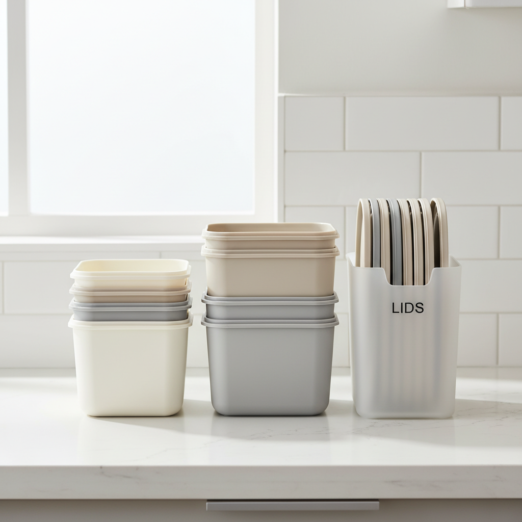 Step-by-step container organization setup with stacks of bases and a vertical lid bin