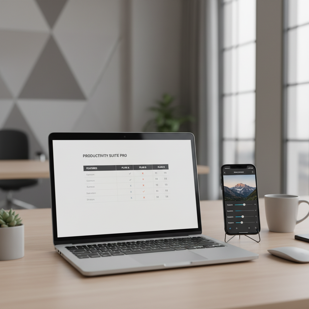 Mobile photo editing comparison table on a laptop and phone