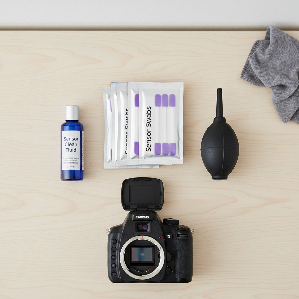 DSLR sensor cleaning kit with swabs, blower, and cleaning fluid on a clean desk