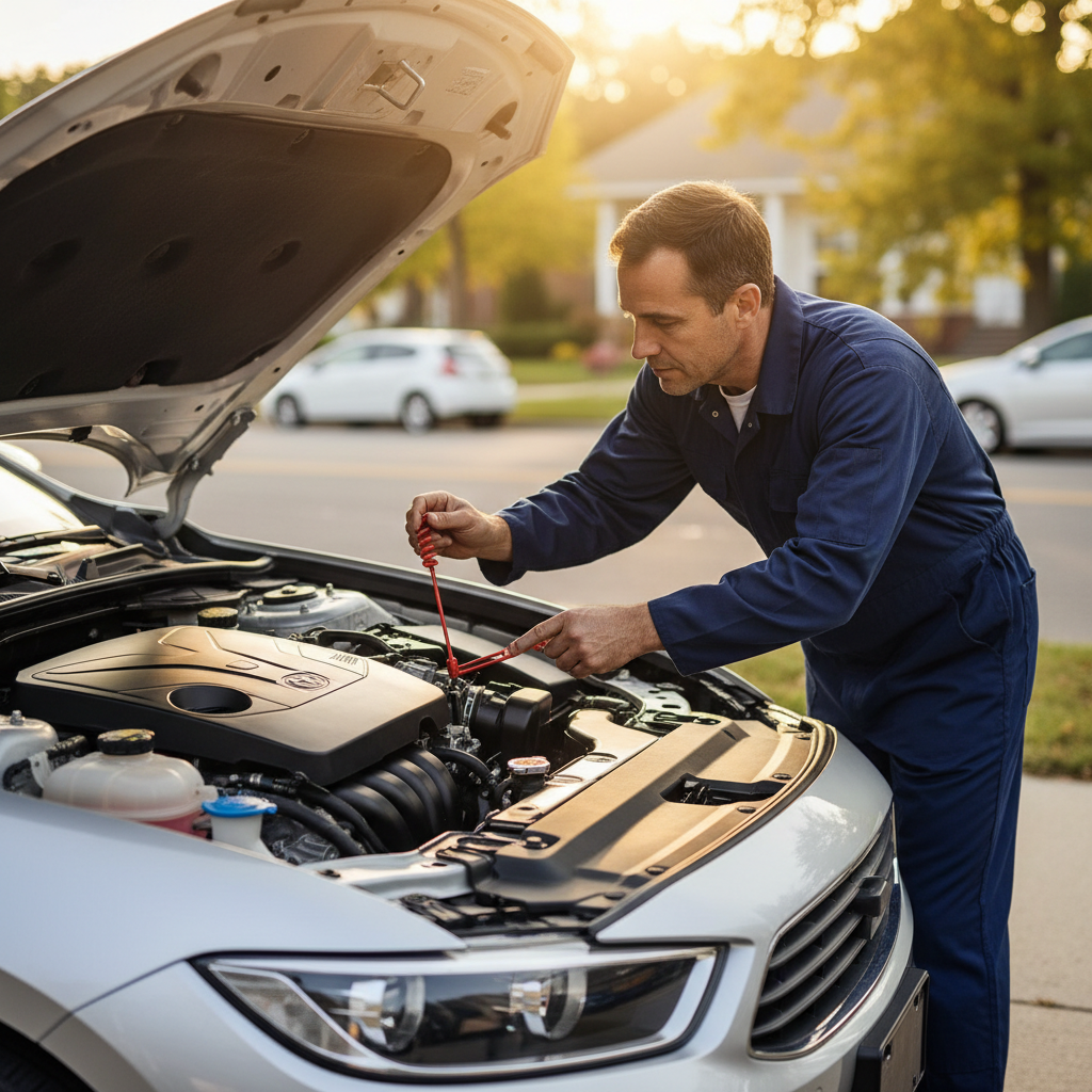 Driver checking transmission fluid dipstick on a parked car