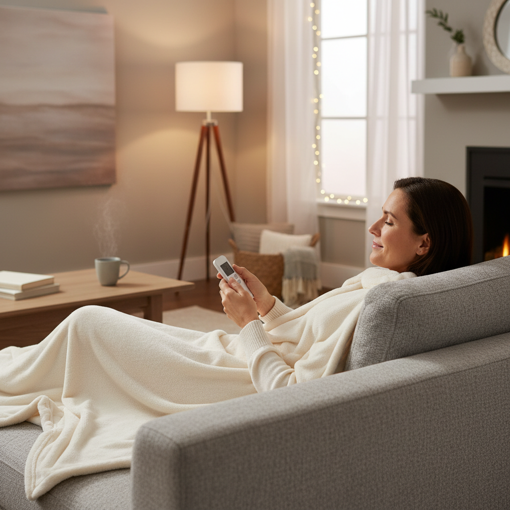 Person using a heated blanket on a sofa with a controller in hand