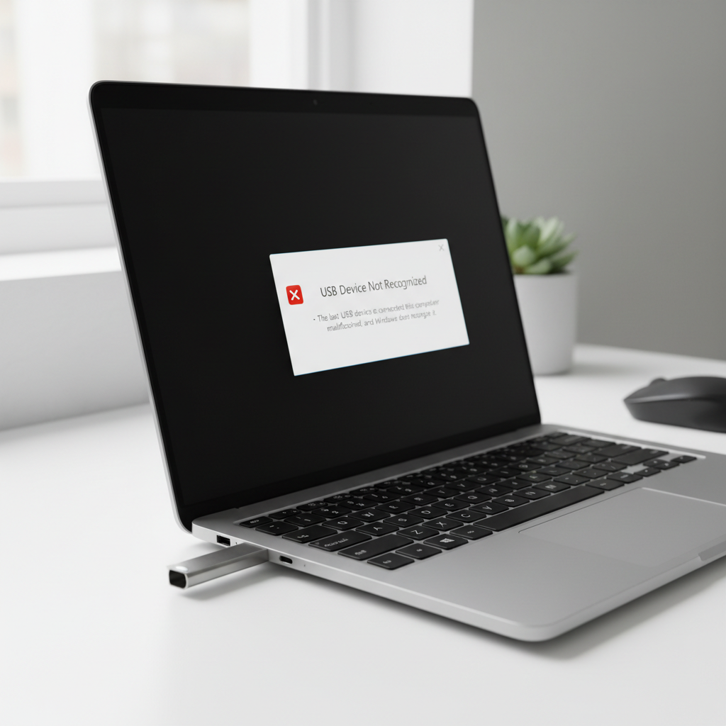 Windows laptop showing USB device not recognized pop-up and USB ports