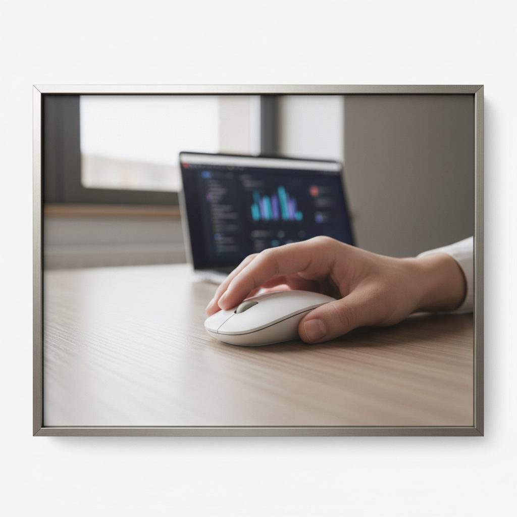 Small hand holding a compact wireless mouse on a desk