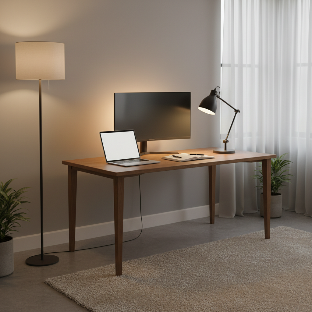 Layered home office lighting with desk lamp and monitor backlight for visual comfort