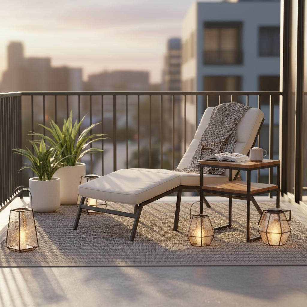 Cozy small balcony reading nook with one chair, side table, and outdoor lighting