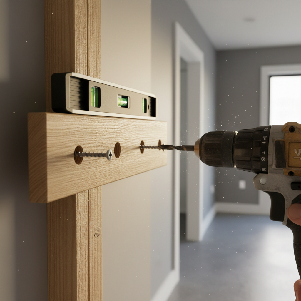 Close-up of wall hook rail mounted into studs with screws and level for secure entryway setup