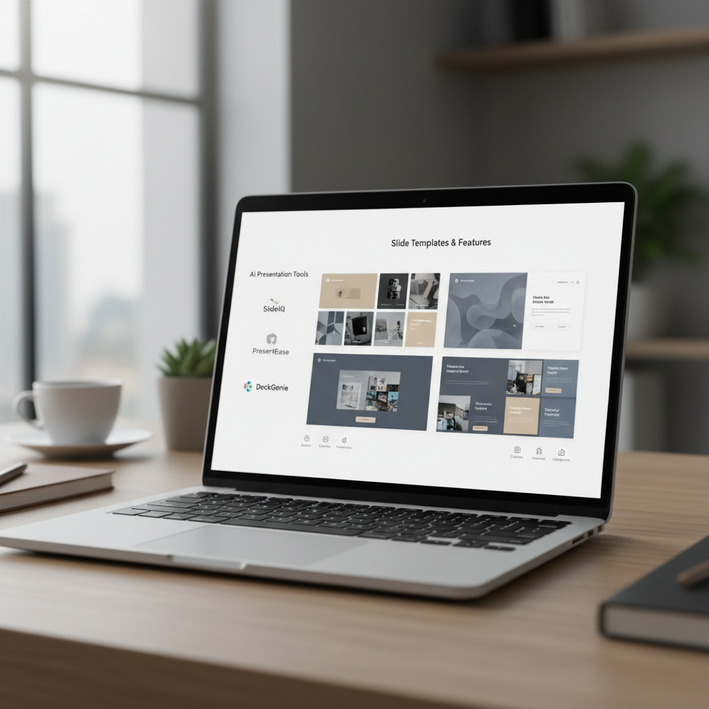 Comparison of free AI presentation makers online with slide templates on a laptop