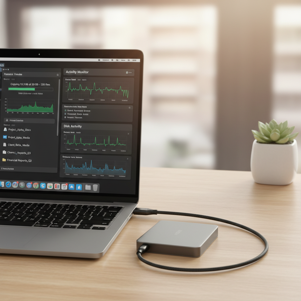 macOS external drive transfer speed check using Activity Monitor and Finder