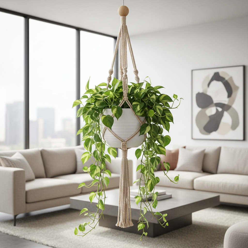 Finished macrame plant hanger holding a trailing pothos indoors