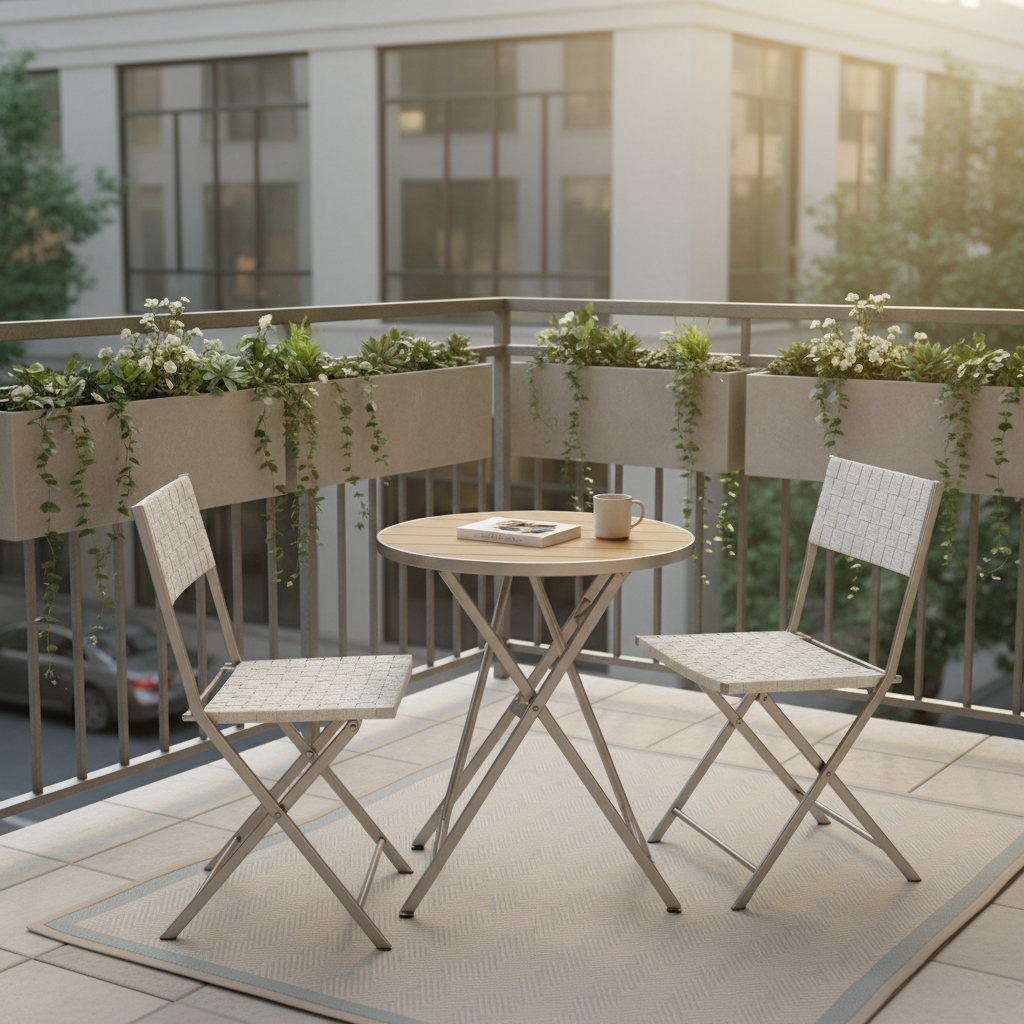 Small balcony layout with compact bistro seating and slim planters