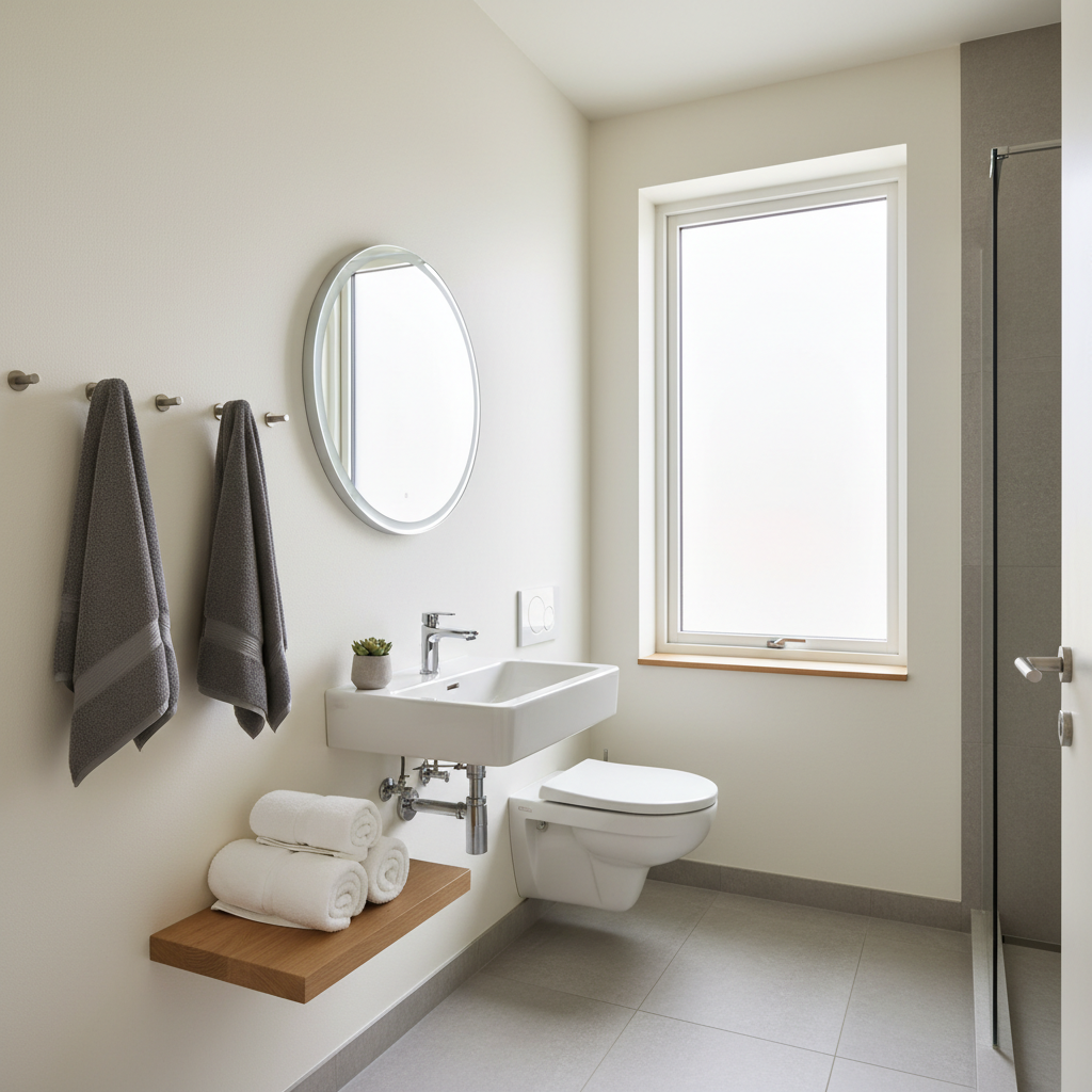 Small bathroom with towel hooks and a compact wall shelf for towel storage without a cabinet