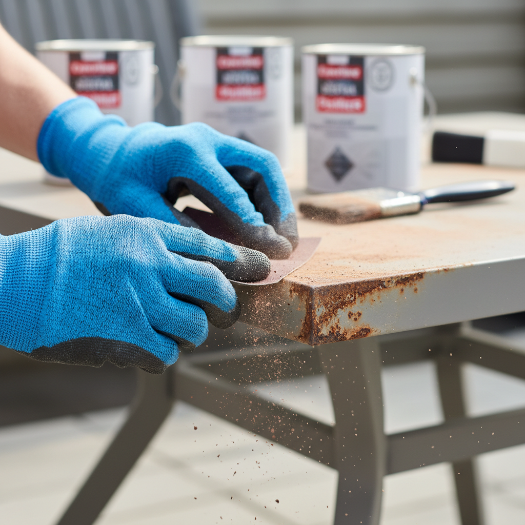 Hand sanding rusted metal patio table edge preparing for primer and paint