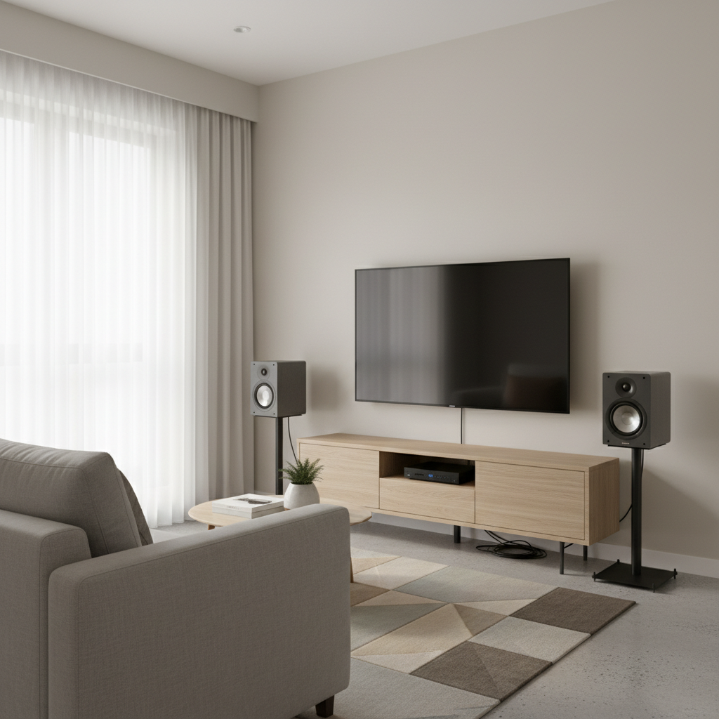Small living room home theater setup with compact speakers and TV stand