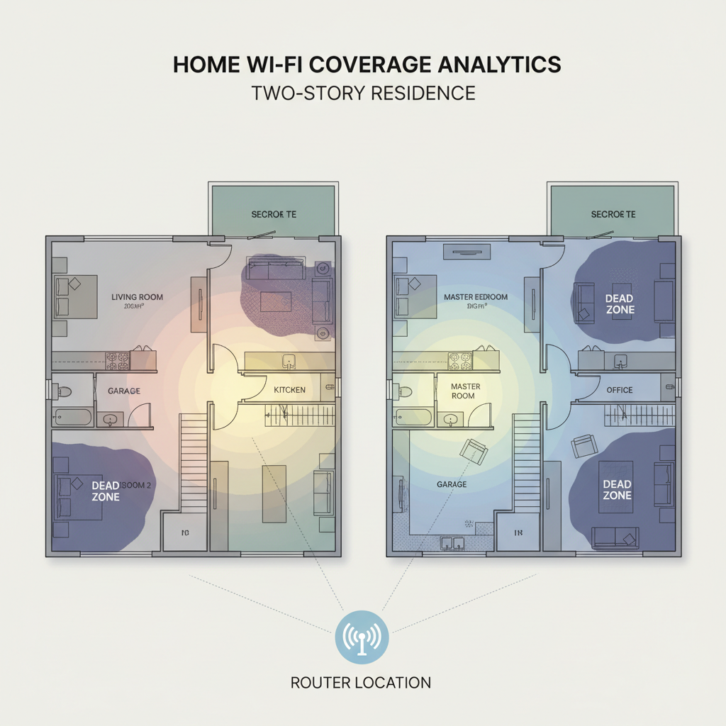 Large house Wi-Fi dead zone map and router placement concept