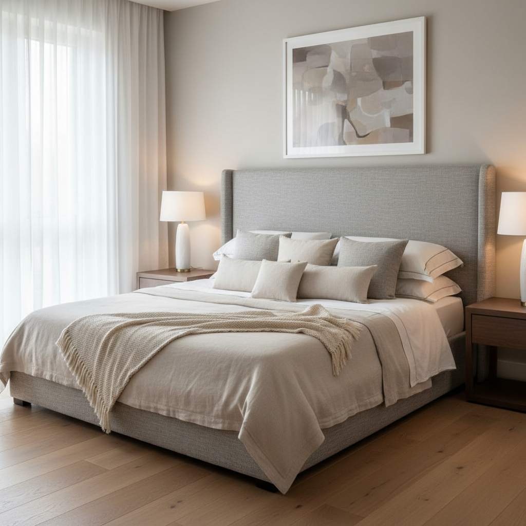 Styled bedroom with a finished DIY fabric headboard cover and coordinated pillows