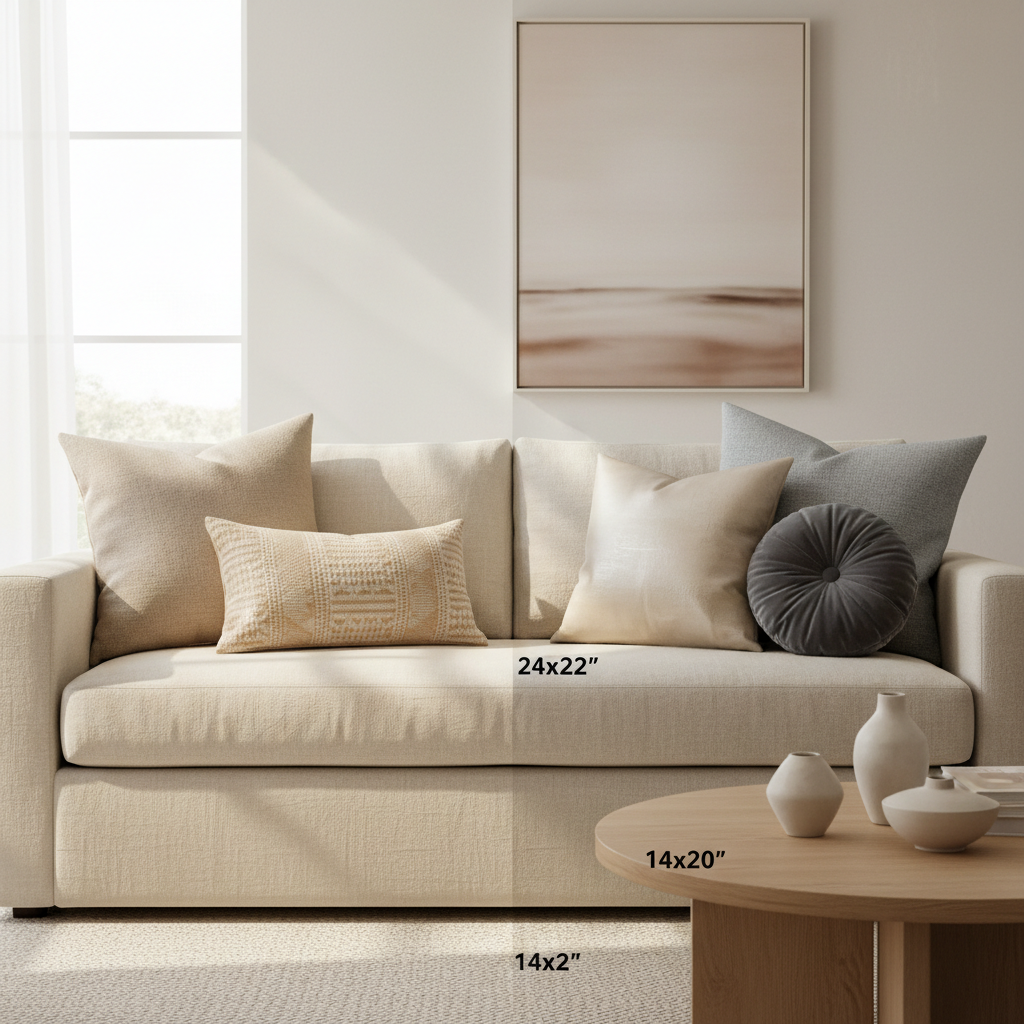 Throw pillow arrangement formulas on a sofa showing classic pair and layered corner stack