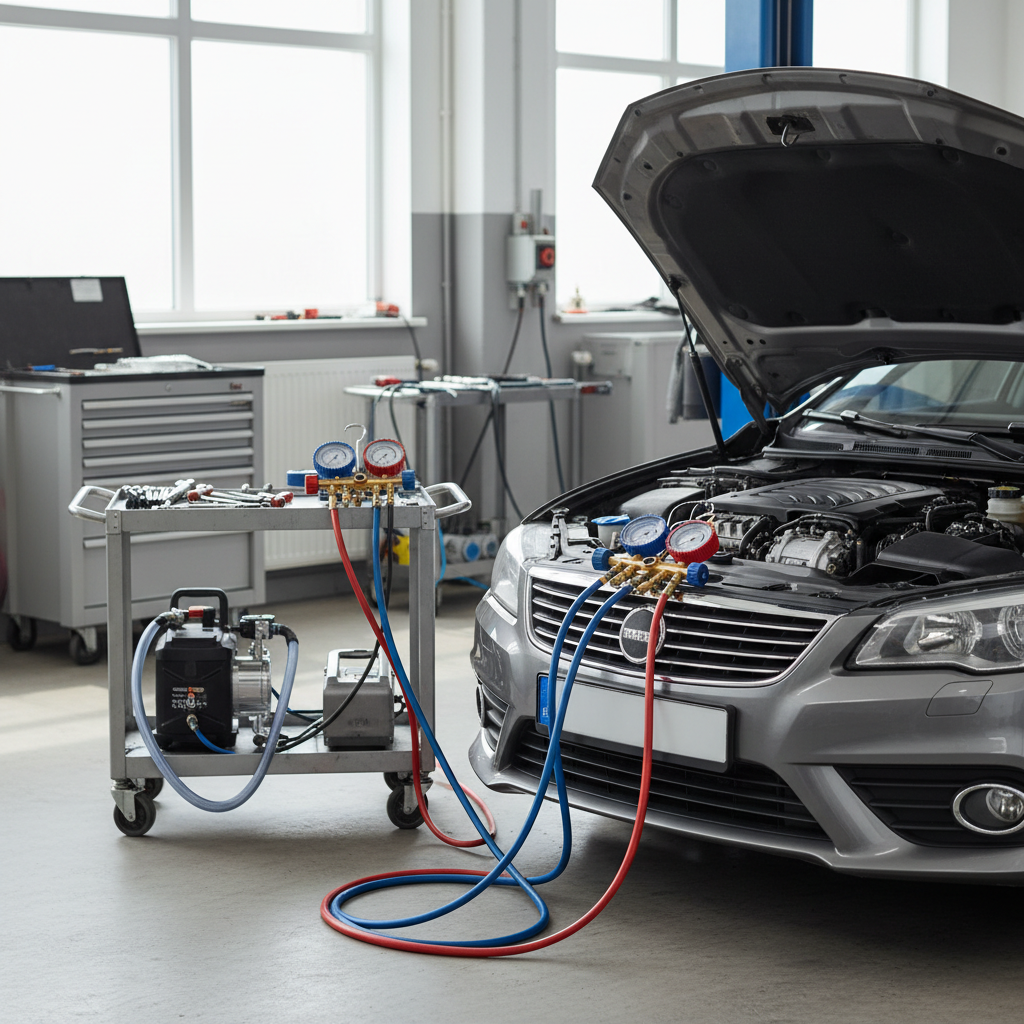 AC manifold gauge set connected for diagnosing car AC compressor noise and pressure issues