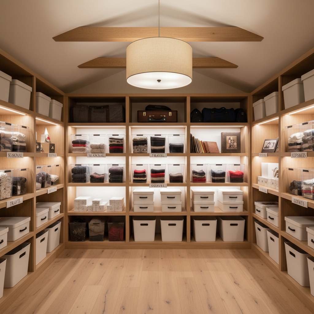 Attic shelving with clearly labeled storage zones for seasonal and archive items