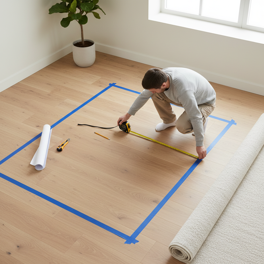 Simple living room measuring and tape layout planning on the floor