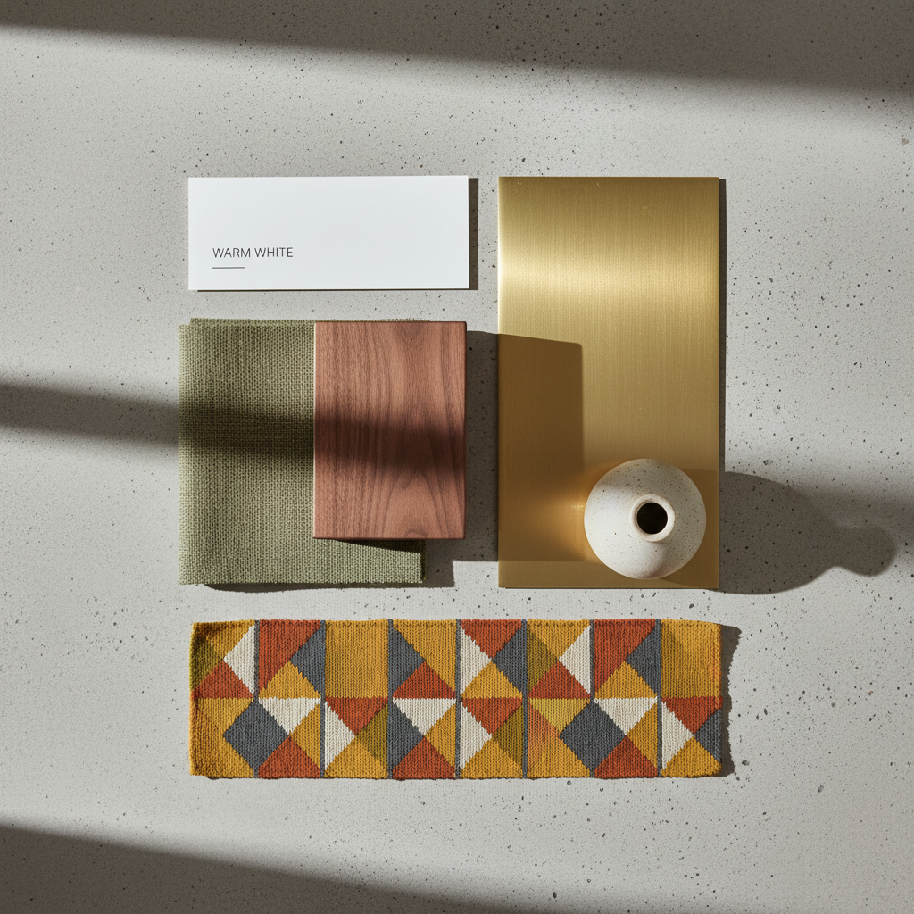 Mid-century modern color palette and material swatches with walnut, brass, and muted green
