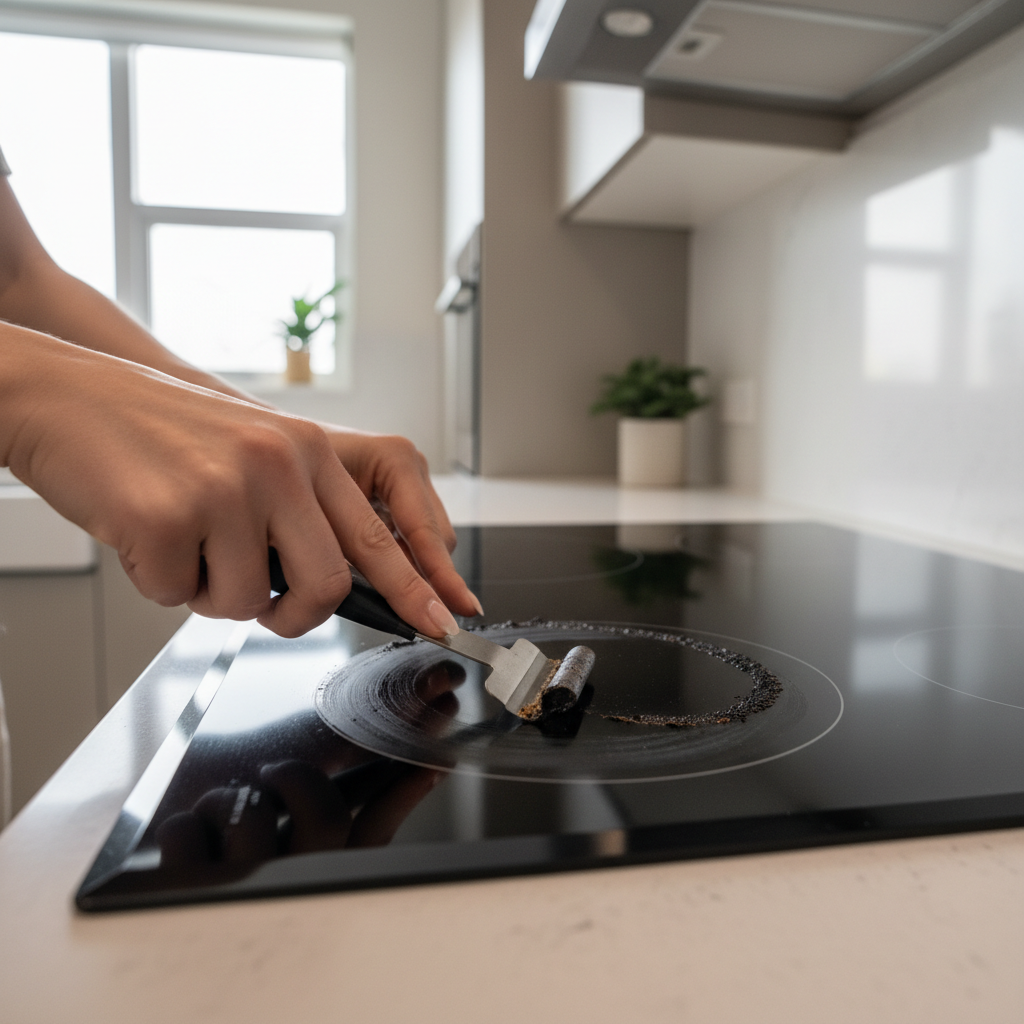 Using a cooktop scraper to remove burned-on residue without scratching
