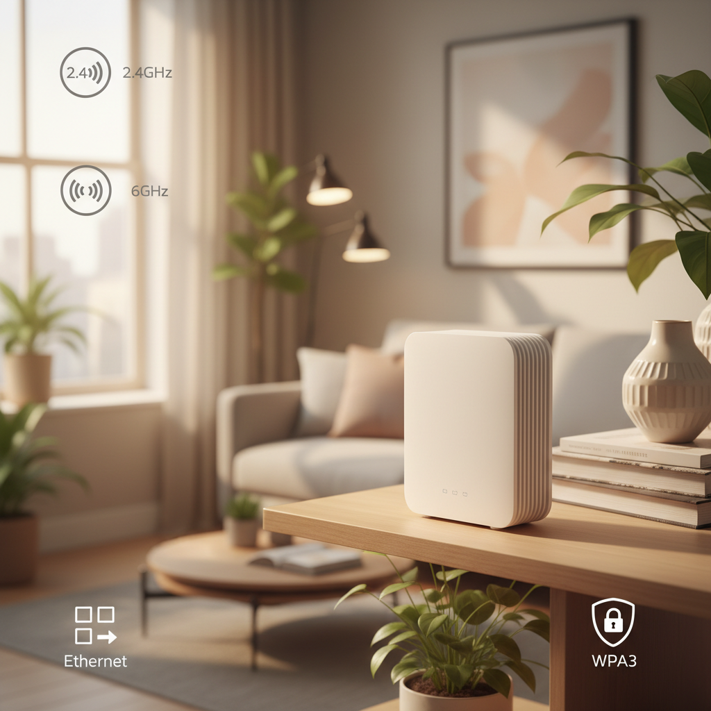 Wireless router features for apartment setup including bands and ports