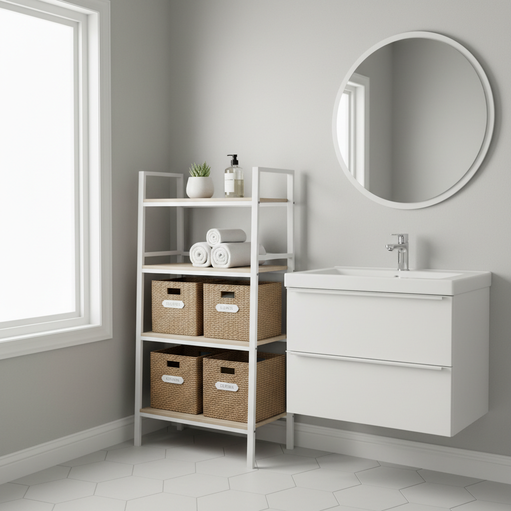 Over-the-toilet shelving with baskets and rolled towels in a modern small bathroom