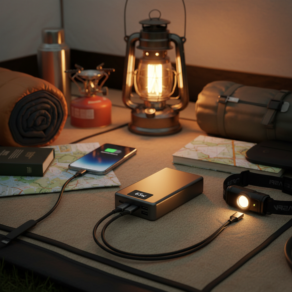 USB-C PD portable power bank charging multiple devices in a tent