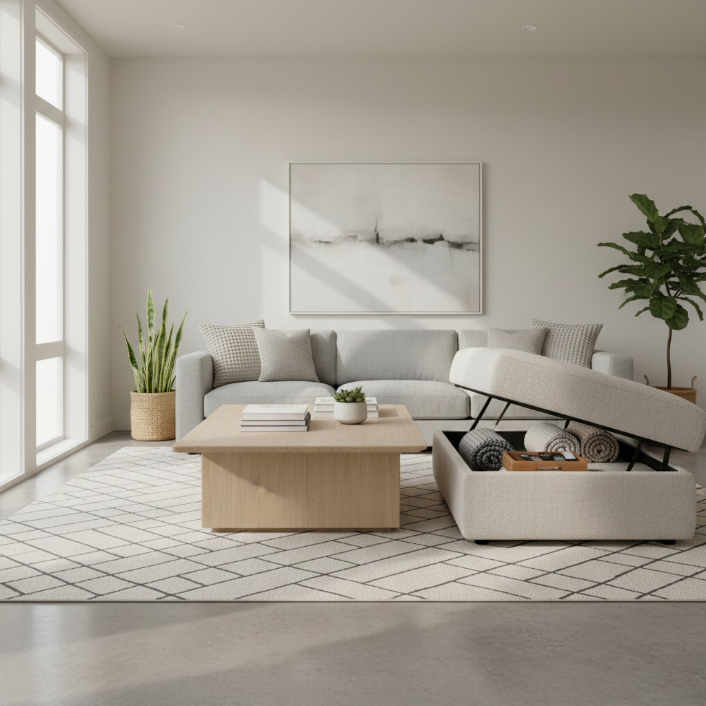 Modern living room with hidden storage ottoman and clean surfaces