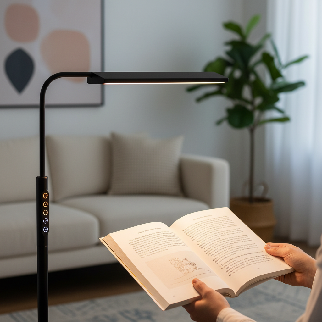 LED floor lamp lighting a book with adjustable color temperature and dimmer
