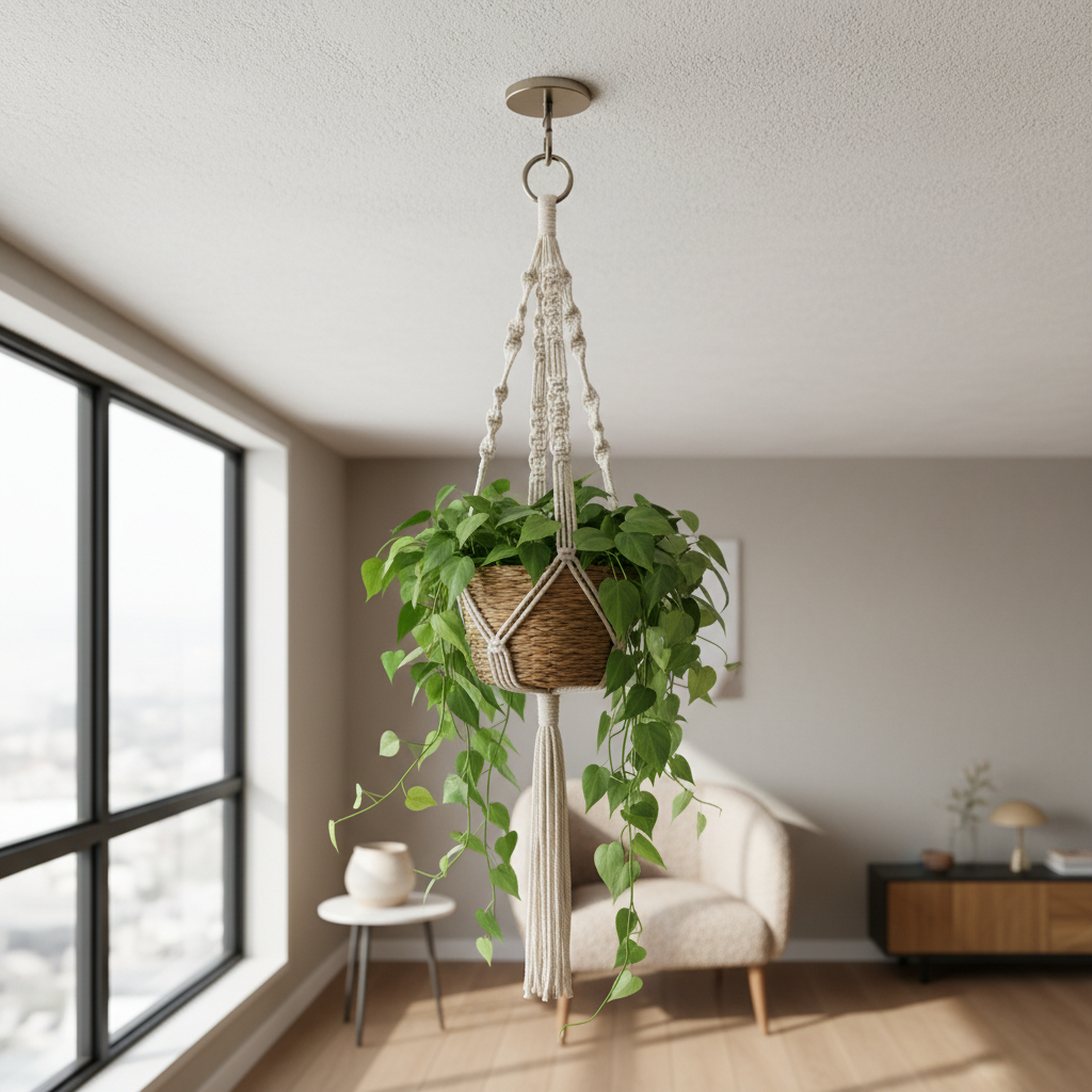 Indoor macrame plant hanger mounted to a ceiling hook near a bright window