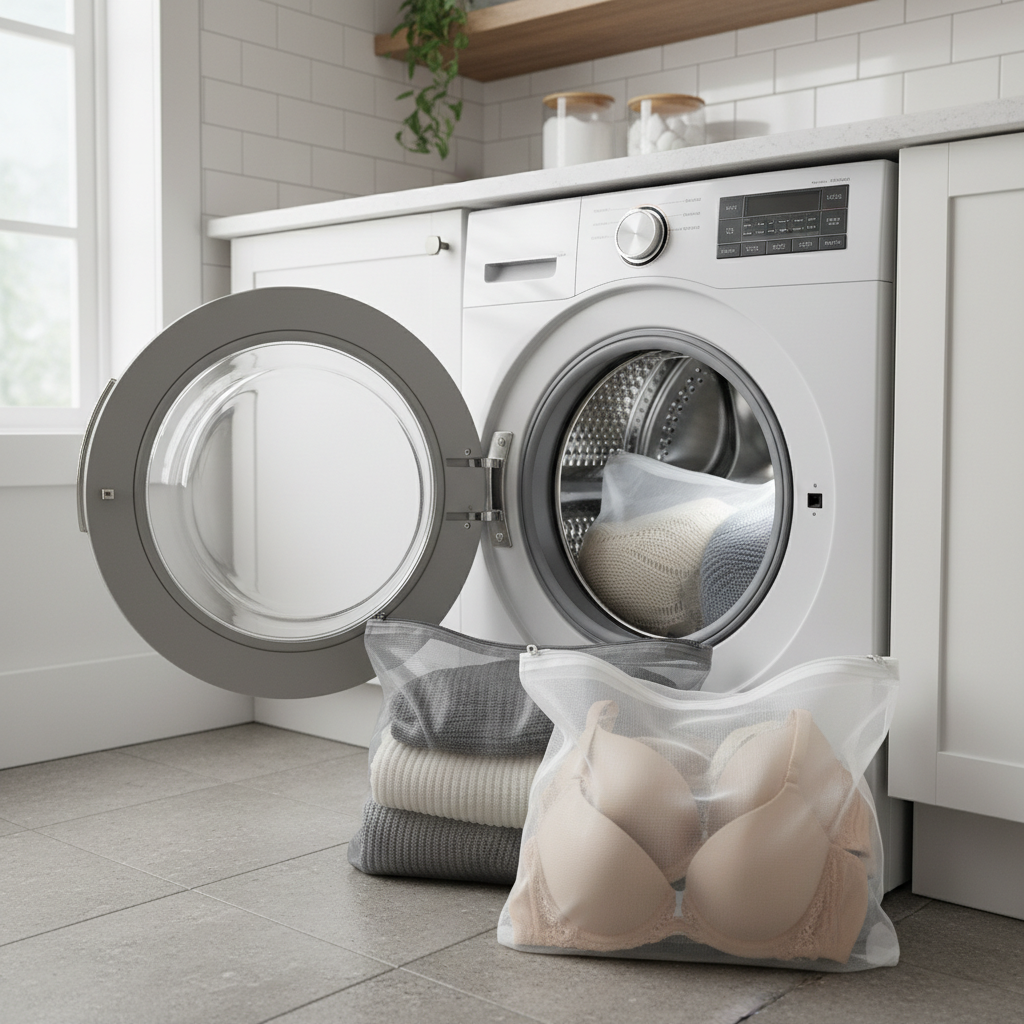 Mesh laundry bags protecting bras and knitwear in a washer