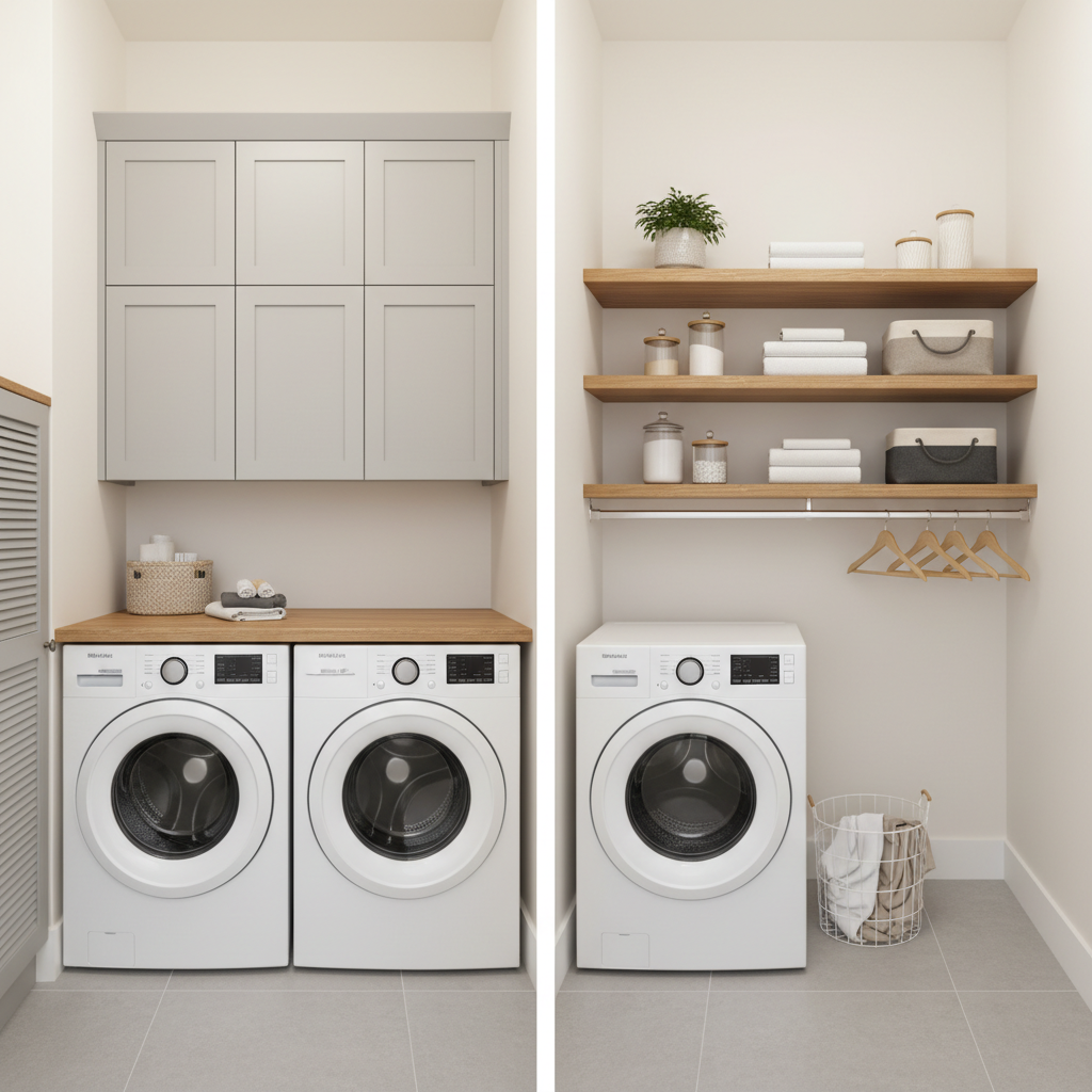 Comparison of shallow wall cabinets vs open shelves in a narrow laundry closet