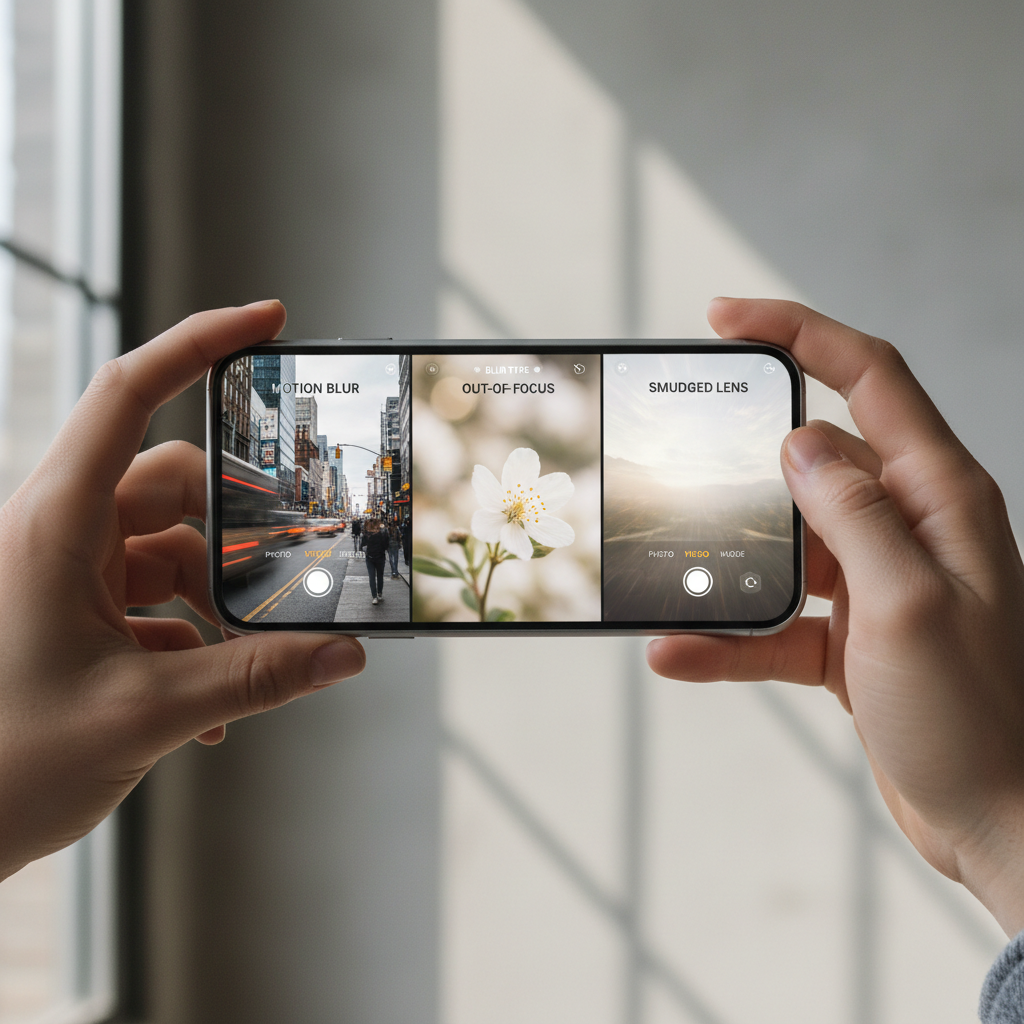 Smartphone camera focus and blur types comparison on screen