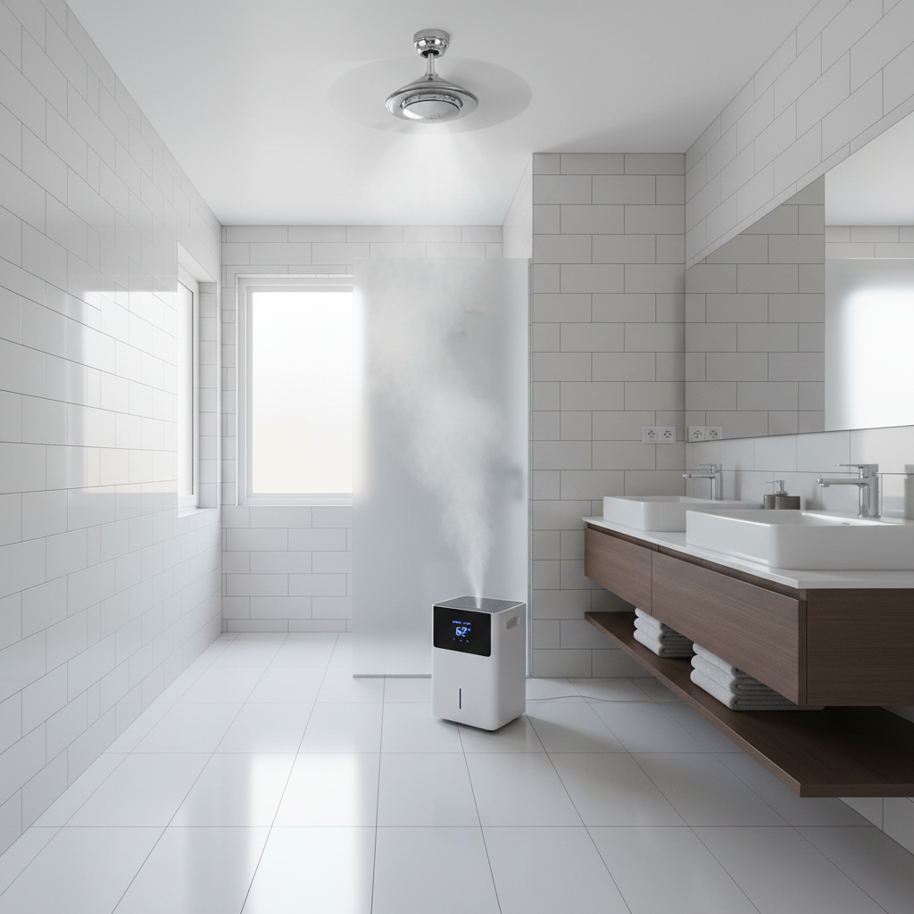 Bathroom ventilation fan and dehumidifier reducing moisture after shower