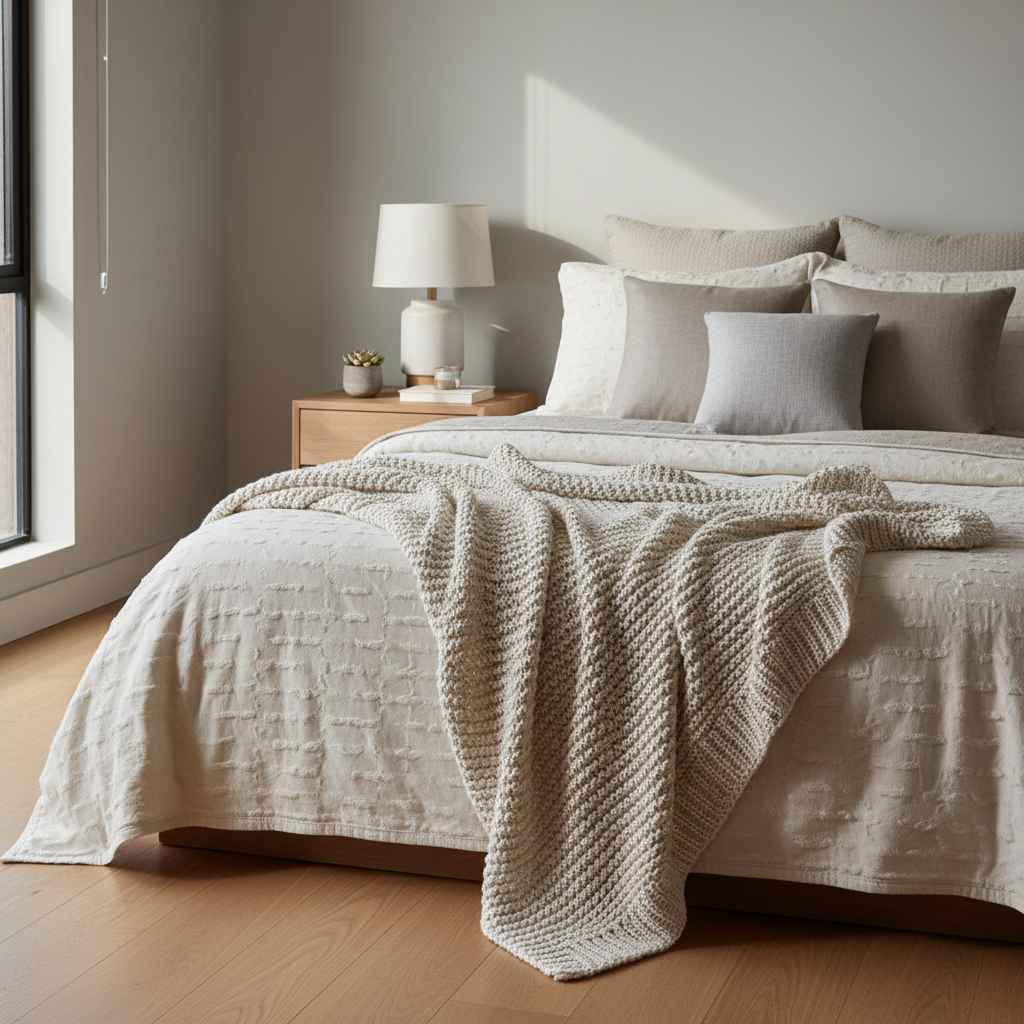 Decorative throw blanket layered on a bed with pillows for a cozy bedroom look