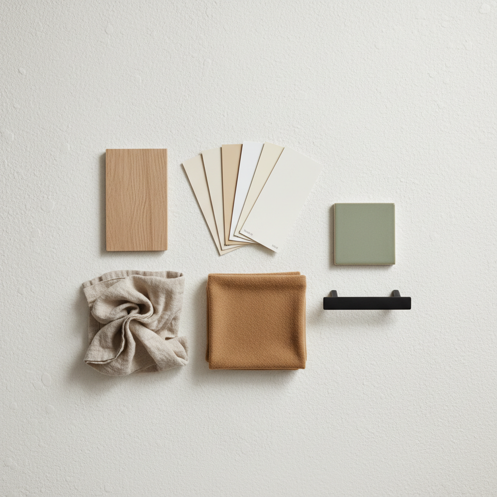Scandinavian color palette with warm whites, oak tones, and muted accents