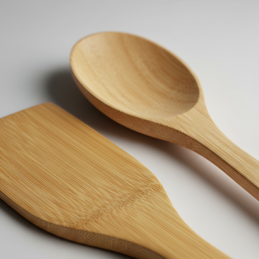 Close-up of bamboo utensil smooth edge and grain