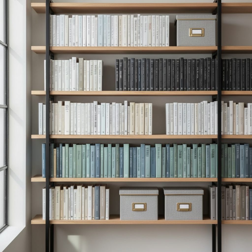 Organized bookshelf with books upright and spaced to reduce dust and wear
