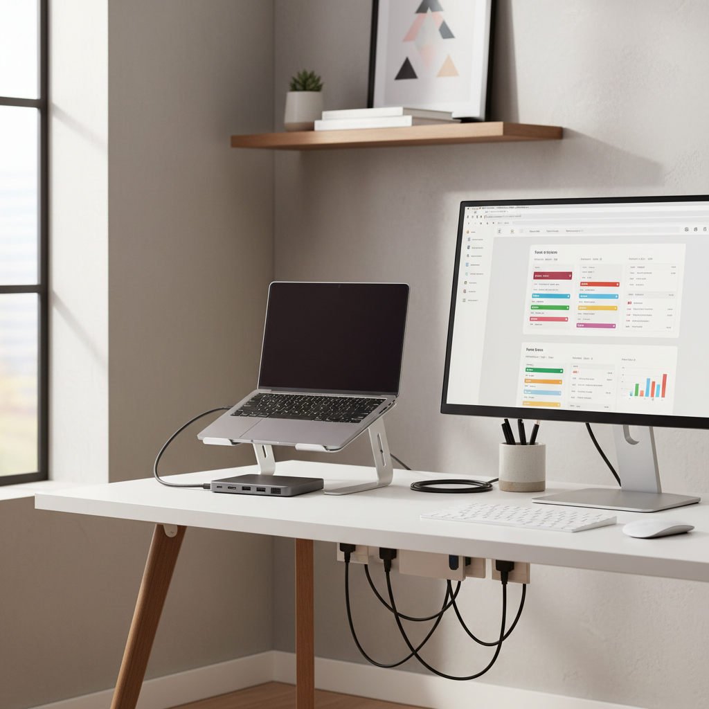 Home office setup using a budget USB-C hub with laptop stand and external monitor