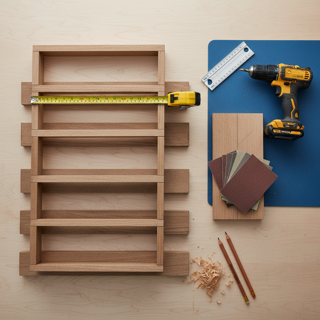 Cut list and simple tools for building a wooden spice rack on a workbench