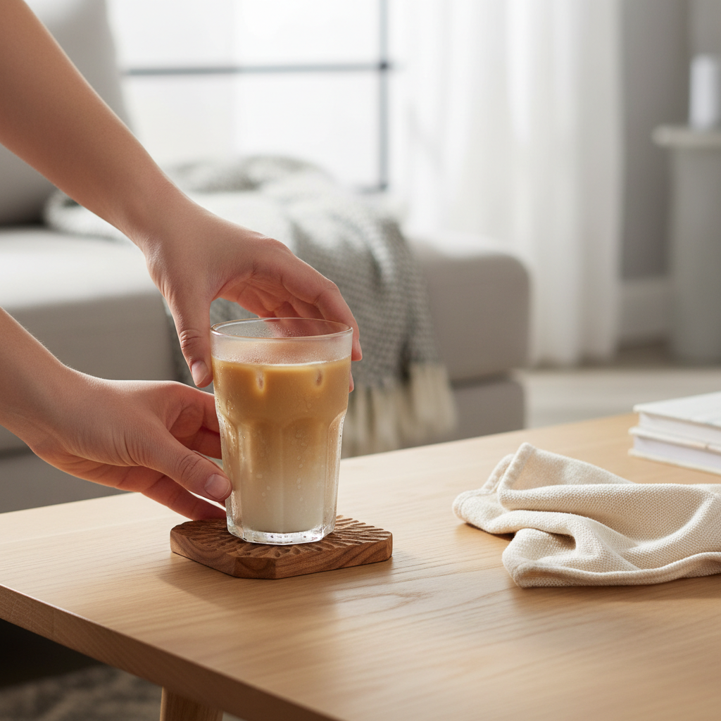 Testing wood coasters with iced coffee to prevent water rings on a coffee table